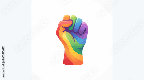 Raised fist symbol painted with vibrant rainbow colors.