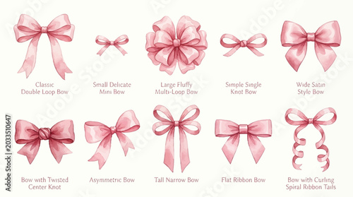 Set of ten decorative watercolor pink bows and ribbons for gift wrapping.