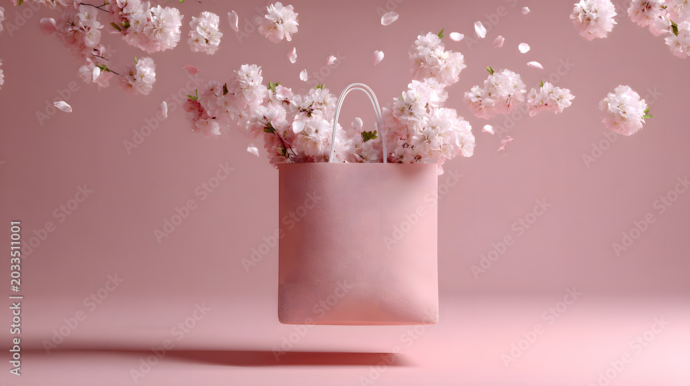 Obraz premium Creative concept of pink shopping bag filled with blooming cherry blossoms floating in soft pink space.