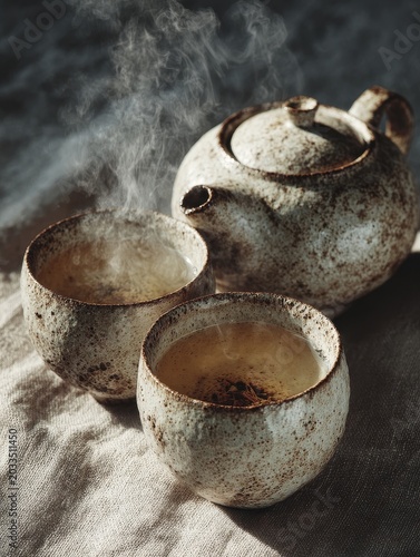 Minimal ceramic tea set with two cups and teapot on textured linen cloth, cozy warm ambient light, rising steam, neutral beige tones, elegant soft shadows, premium handcrafted aesthetic