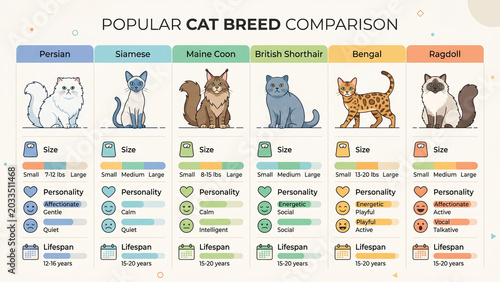 Cat breed comparison infographic chart showing sizes, personalities, and lifespans of six popular cats like persian and siamese vector illustration