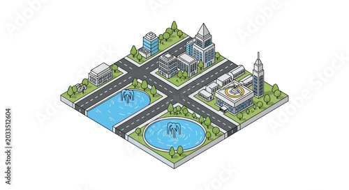 Fényképezés Isometric city illustration with buildings parks and streets on a white backgrou