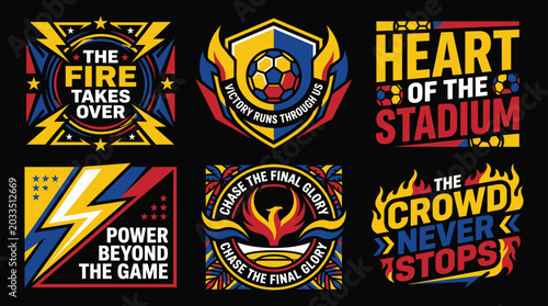 Sports team emblems with motivational slogans on a black background