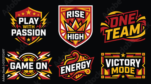 Team sports emblems with energetic slogans and bold graphics on black background