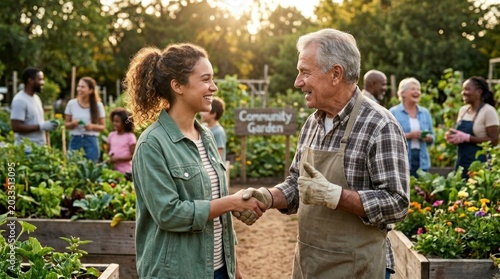 A group of people working in a community garden, with a woman and an older man shaking hands in the foreground.