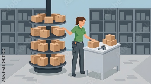 Warehouse Worker Sorting Packages: A focused female worker meticulously sorts cardboard boxes in a well-organized warehouse, utilizing a scanner and organized shelving.