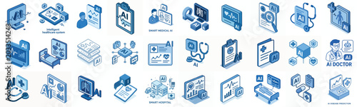 isometric vector icon AI medical diagnosis blue color