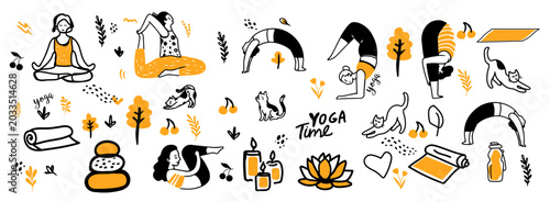 Schilderij op canvas Vector set of illustrations with yoga for overweight ladies