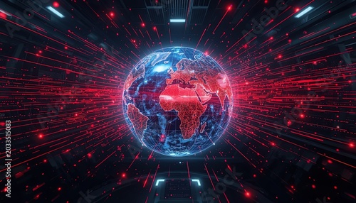Digital world network concept with glowing earth globe and radiating data lines in a futuristic technological environment, symbolizing global communication and internet flow