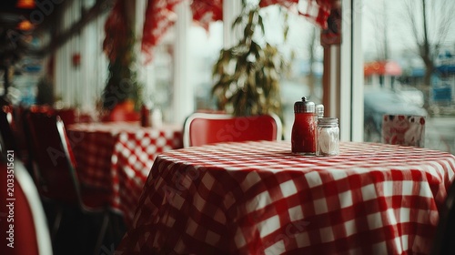 Empty Diner Table with Red and White Checkered Tablecloth