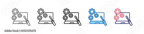 Laptop Repair Icon In 5 Different Styles Set Collection.   