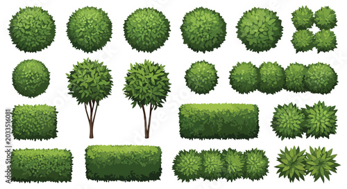 Tableau sur toile Green topiary bushes and garden hedges set, 18 landscape architecture vector ele