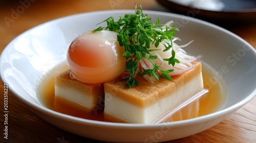 Japanese Tofu Dish with Poached Egg and Herbs in Dashi Broth