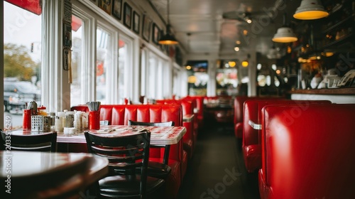 Empty Retro American Diner Interior with Red Booths and Tables