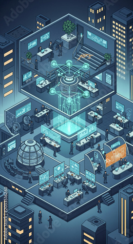 Futuristic office interior with multiple levels and departments showcasing various workstations meeting rooms and cubicles in a 3D isometric design representing a modern business hub with technology a