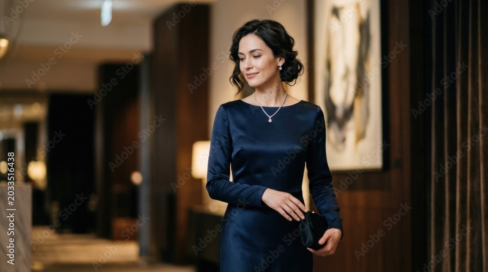 Fototapeta premium A woman in a dark blue dress standing in a luxurious hotel lobby.