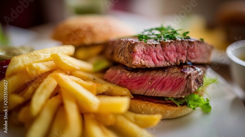 Gourmet Beef Steak Burger with French Fries on Plate