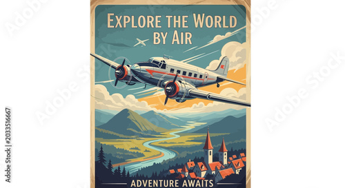 Cuadro en lienzo Vintage Airplane Flying Over Scenic Landscape, Explore the World by Air