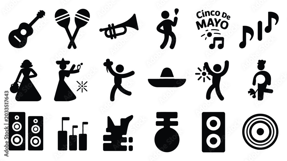 Obraz premium Cinco de mayo music themed icon set with guitar maracas trumpet and dancing people