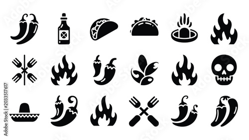 Cinco de mayo spicy icon set tacos peppers flames and fiesta elements for mexican food and drink