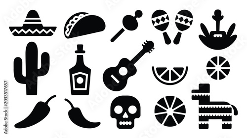 Cuadro en lienzo Black silhouette icons of cinco de mayo celebration symbols including food music