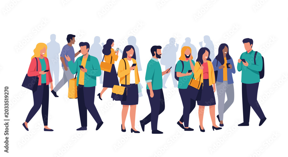 Obraz premium Illustration of a busy crowd of people walking in the street while being distracted by their mobile phone screens.