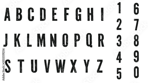 grunge condensed alphabet font set with vintage distressed letters and bold numeric typography style