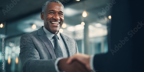 Joyful businessman shaking hands with partner in modern office environment, symbolizing successful deal or collaboration between two professionals