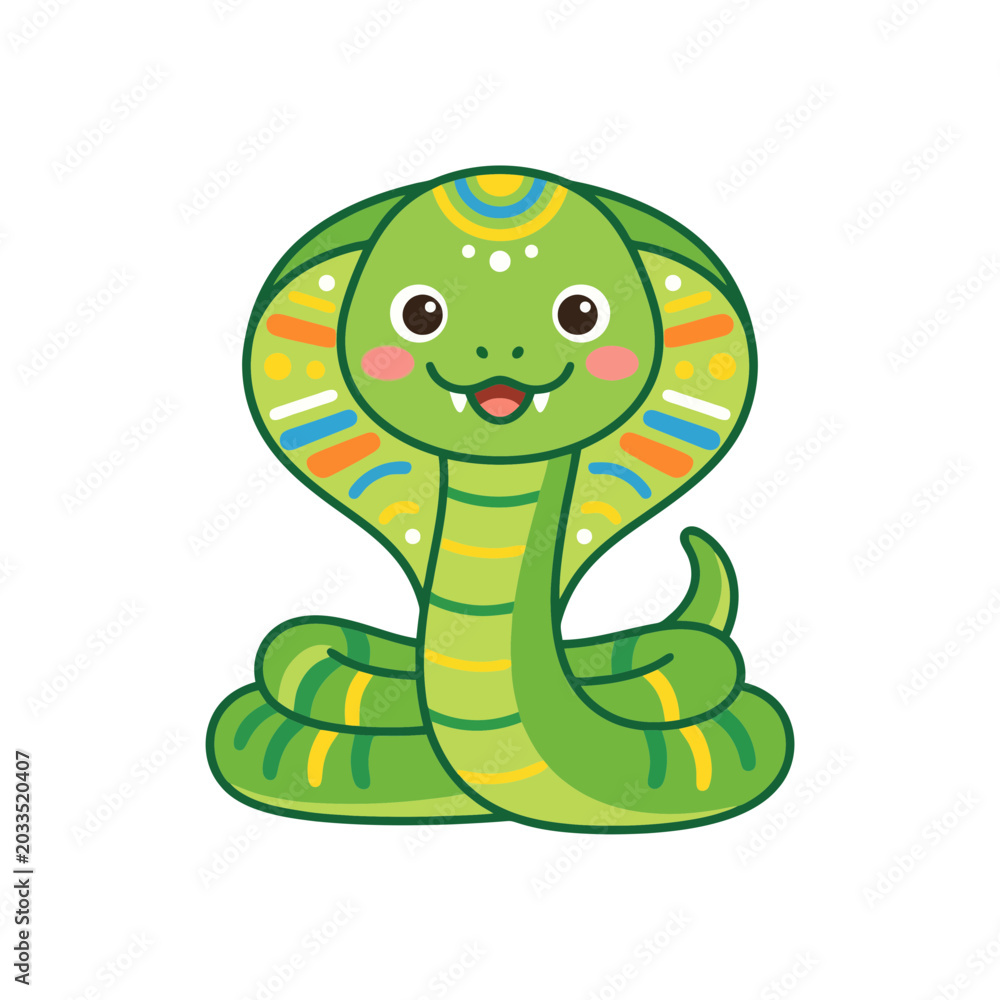 Fototapeta premium A cartoon green snake with colorful markings.