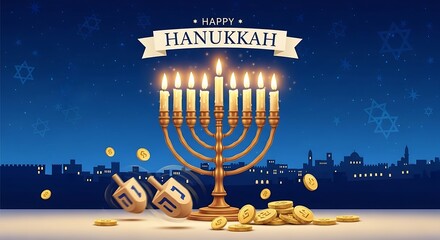 Hanukkah celebration with menorah and coins at night