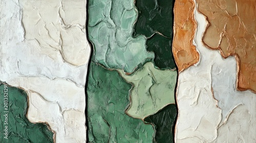 Contemporary triptych inspired abstract texture in forest green, ivory and muted copper tones. generative ai