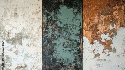 Contemporary triptych inspired abstract texture in forest green, ivory and muted copper tones. generative ai