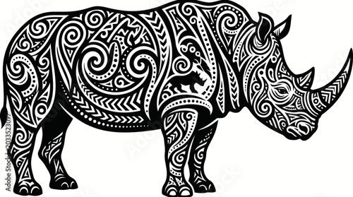 Foto Majestic Tribal Pattern Rhinoceros Standing, Intricate Black and White Rhino Art on Isolated White Background