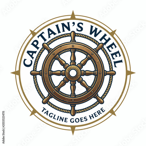 Φωτογραφία Captain's Wheel nautical maritime steering logo with compass rose background