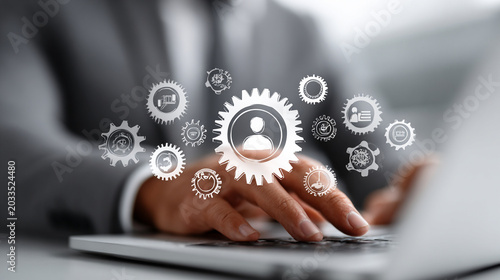 Business professional demonstrating change management concept with gear icons and digital interface