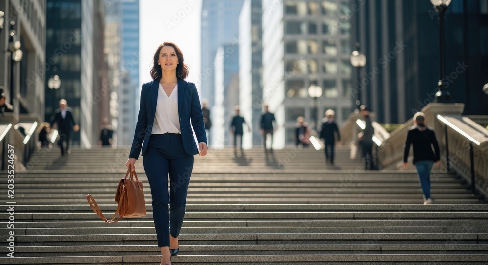 Obraz premium A confident businesswoman walks purposefully up a grand staircase in a bustling city. She wears a navy blue suit, a white blouse, and carries a brown leather briefcase.