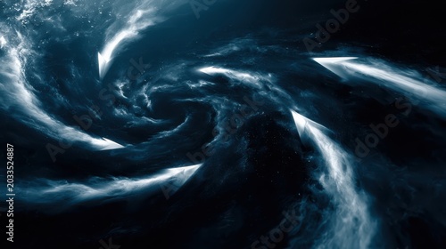 A dynamic digital artwork depicting a swirling cosmic vortex with luminous trails and abstract energy streams in dark blue and white tones.