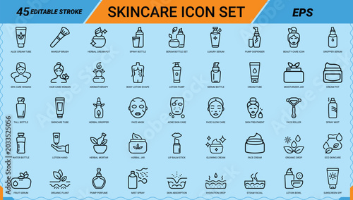 Tableau sur toile Skincare line art icons set, face mask, serum bottle, moisturizer jar, face crea