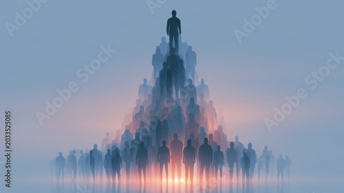 A silhouette of a single figure standing atop a pyramid of multiple translucent human shapes, symbolizing leadership and unity.