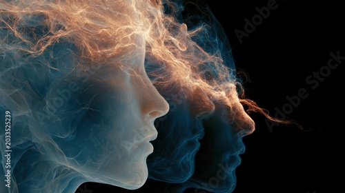 Abstract digital art of three human profiles with glowing, fiery lines representing energy or thoughts against a dark background.