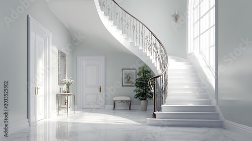 Modern Minimalist Home Entrance Hall with Grand Curved Staircase.