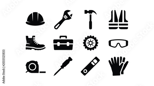 Black and white vector icons of construction tools and safety gear including helmet wrench hammer boots and gloves
