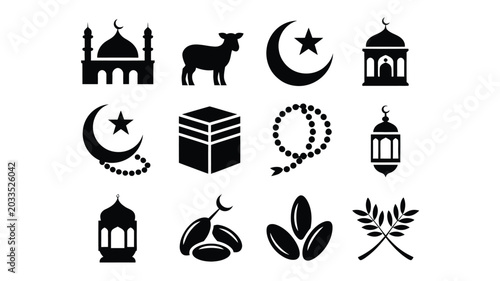 Bild auf Leinwand Clean vector illustration featuring islamic symbols including mosque crescent mo