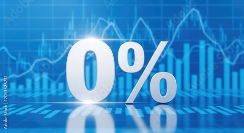 A digital graphic displays a large, reflective zero percent symbol superimposed over a complex blue stock market chart.