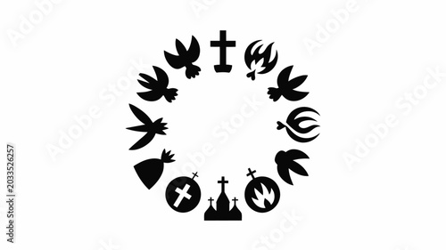 Foto Circular emblem featuring christian symbols and icons in black on white backgrou