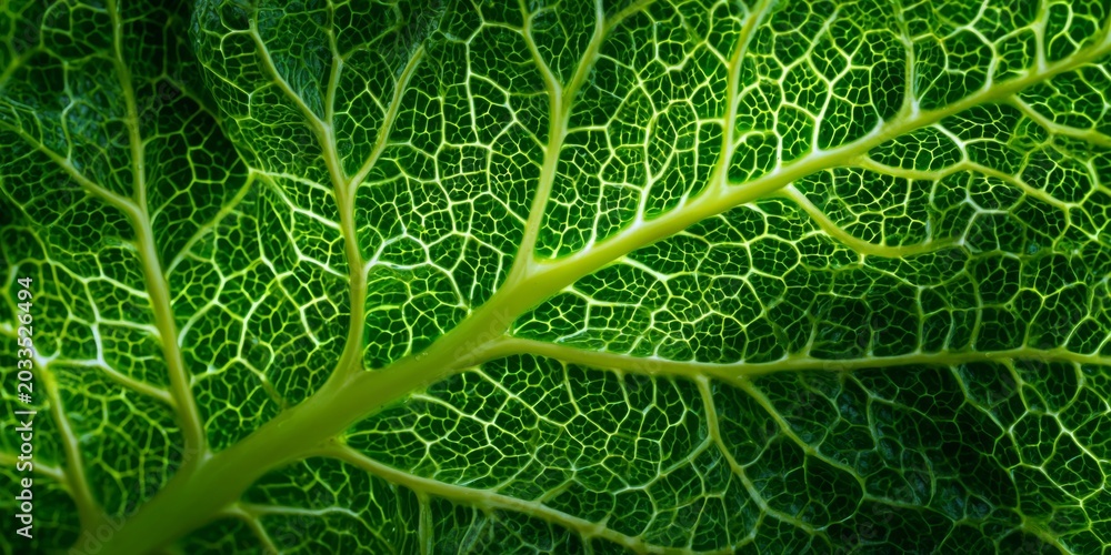 Obraz premium Close-up view of vibrant green plant tissue with intricate cellular structure and detailed leaf veins, showcasing natural vascular network and chloroplast distribution
