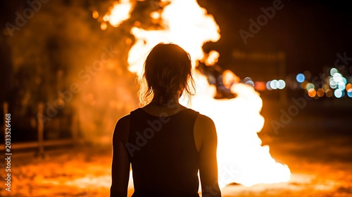 Silhouette of woman standing near large fire at night with dramatic flames