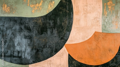 Hand painted acrylic texture with layered olive green and terracotta shapes. generative ai