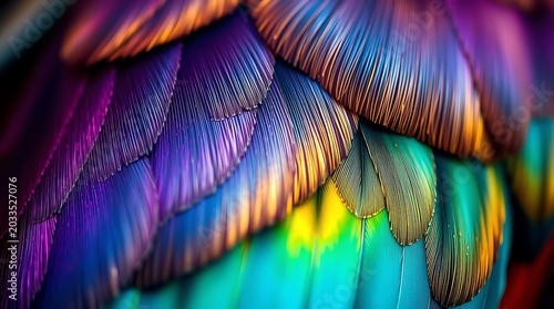 Extreme macro close-up of iridescent bird feathers with vibrant purple, teal, and gold hues in a fine art style.