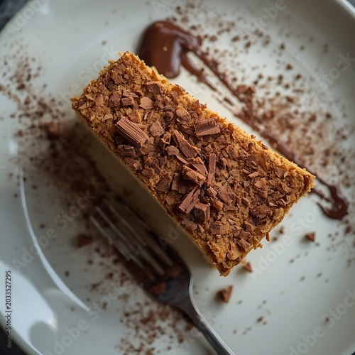 Professional overhead view of a freshly baked cake slice topped with chocolate shavings and chocolate drizzle.